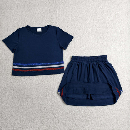 GSD3811 Baby Girls Blue Red Grey Stripe Short Sleeve Top Skirt Short Navy Clothes Set