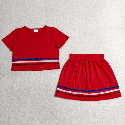 GSD3812 Baby Girls Blue Red Grey Stripe Short Sleeve Top Skirt Short Red Clothes Set