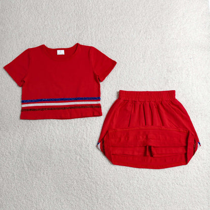 GSD3812 Baby Girls Blue Red Grey Stripe Short Sleeve Top Skirt Short Red Clothes Set