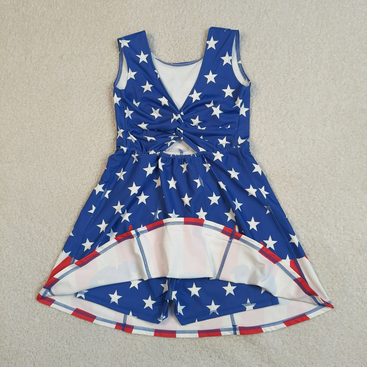 GSD3813 Baby Girls Blue Red Stars Drip 4th of July Yoga Active Short Knee Length Dress