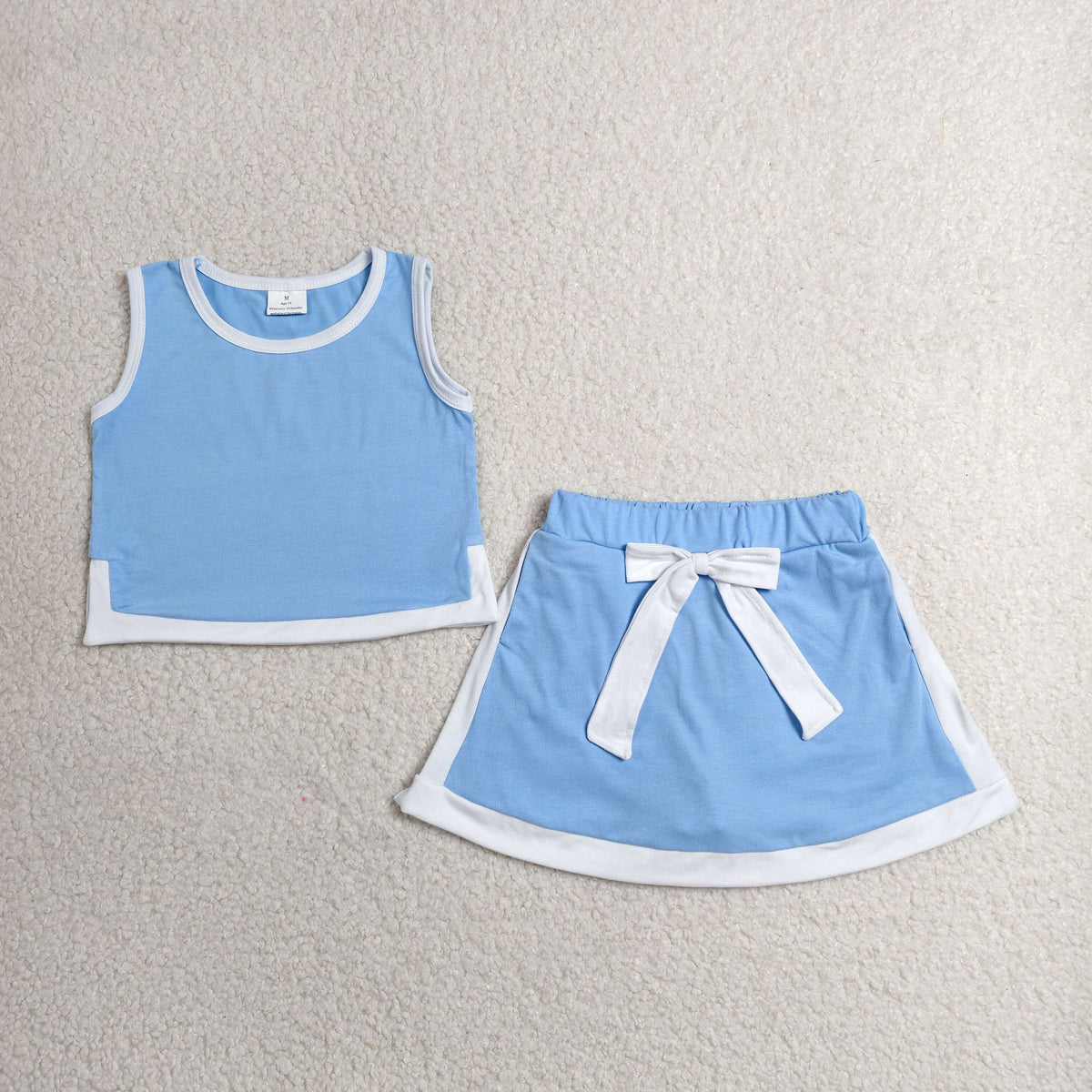 GSD3828 Baby Girls Blue White Short Sleeve Shirt Top Bow Skirt Short Clothes Set