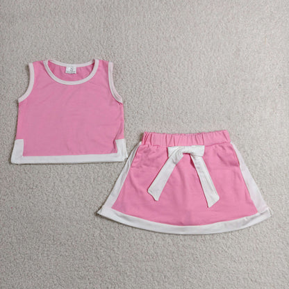 GSD3829 Baby Girls Pink White Short Sleeve Shirt Top Bow Skirt Short Clothes Set