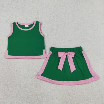 GSD3830 Baby Girls Pink Green Short Sleeve Shirt Top Bow Skirt Short Clothes Set