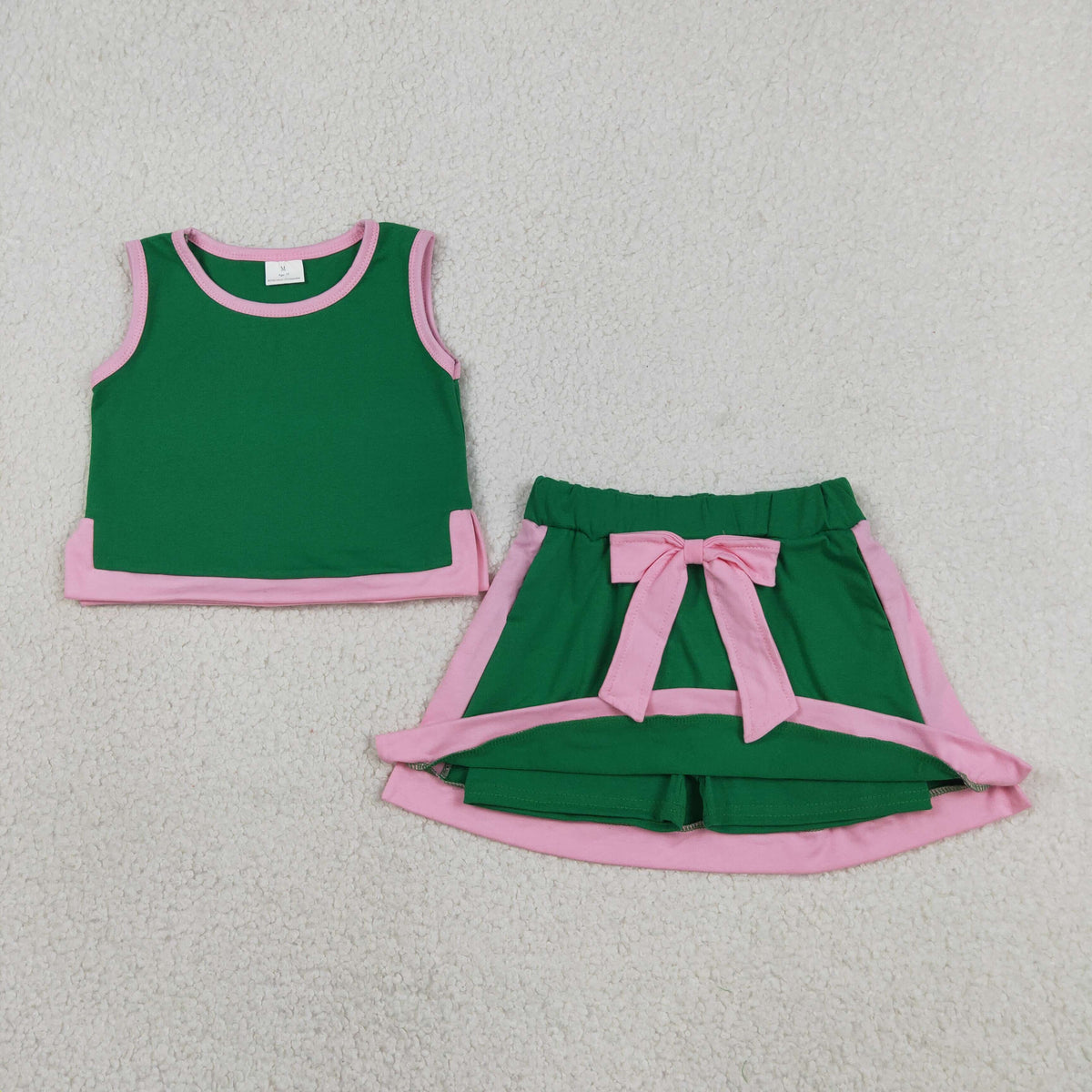 GSD3830 Baby Girls Pink Green Short Sleeve Shirt Top Bow Skirt Short Clothes Set