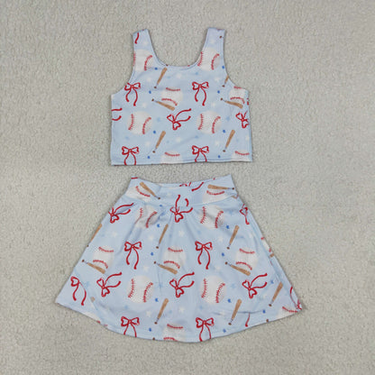 Sibling Baby Girls Bows Baseballs Softballs Top Skirt Short Team Yoga Active Scallop Clothes Sets