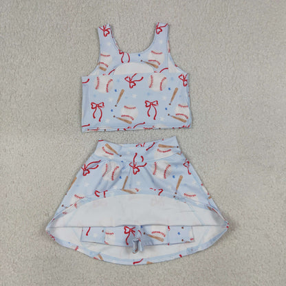 Sibling Baby Girls Bows Baseballs Softballs Top Skirt Short Team Yoga Active Scallop Clothes Sets