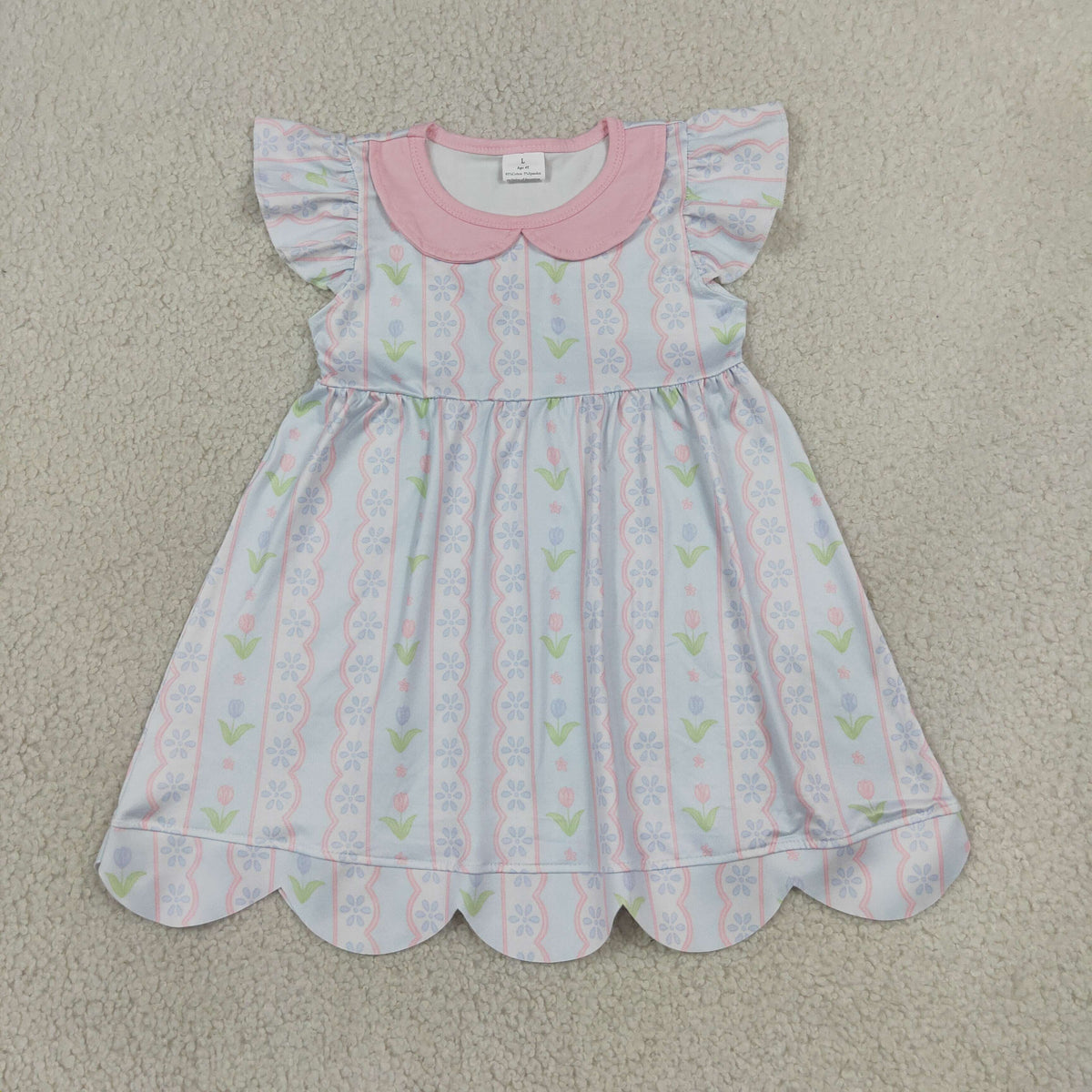 Sibling Baby Girls Flowers Stripe Tunic Ruffle Short Scallop Clothes Set Collar Dress