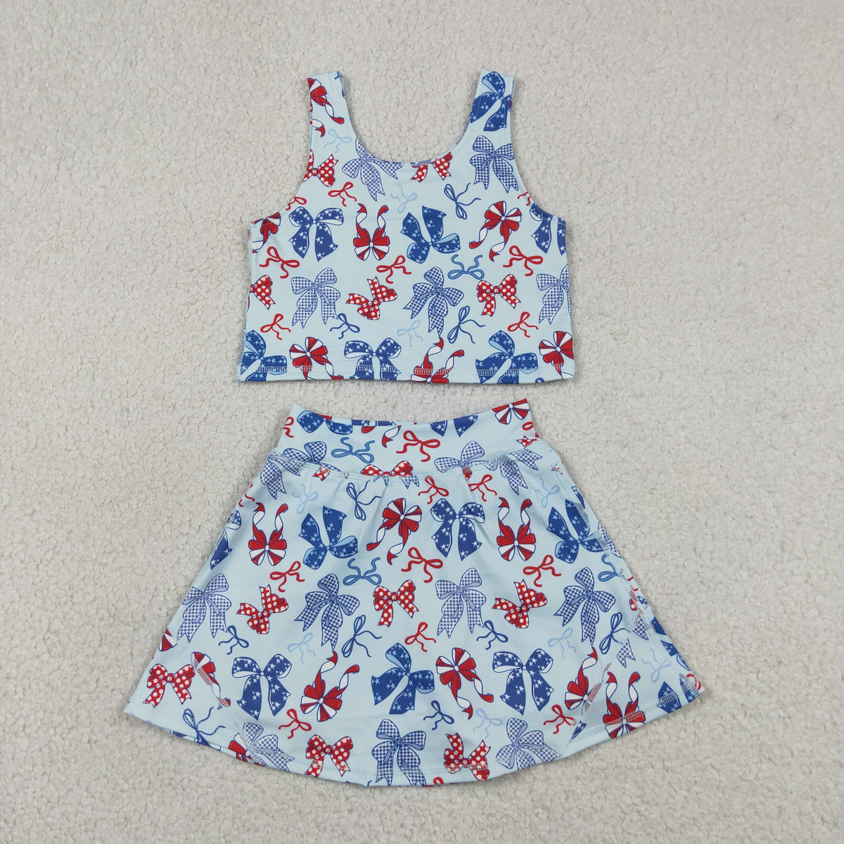 Sibling Baby Girls Red Blue Bows 4th of July Yoga Active Skirt Shorts Set Knee Length Dresses