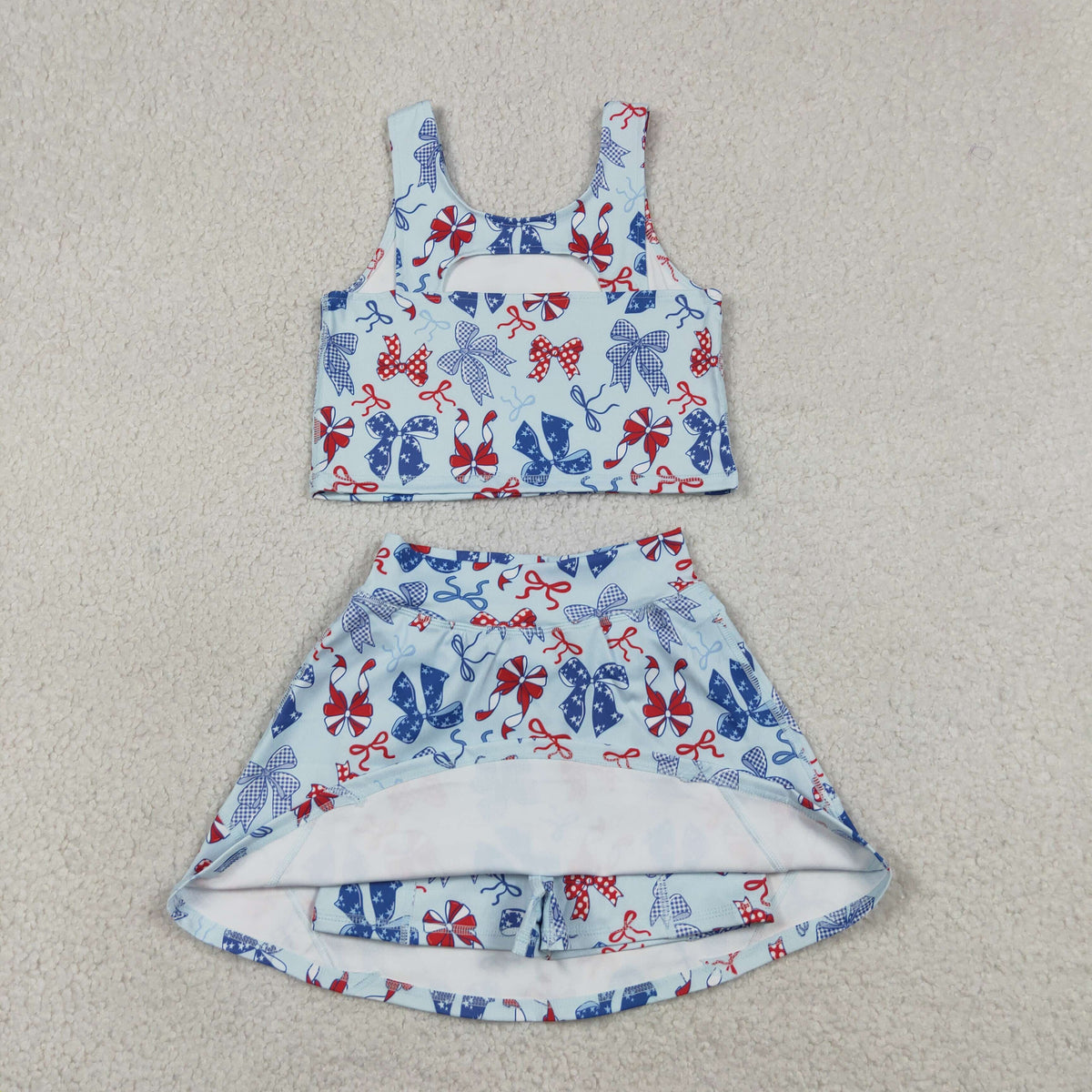 Sibling Baby Girls Red Blue Bows 4th of July Yoga Active Skirt Shorts Set Knee Length Dresses