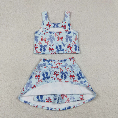 Sibling Baby Girls Red Blue Bows 4th of July Yoga Active Skirt Shorts Set Knee Length Dresses