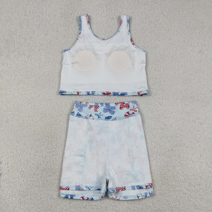 Sibling Baby Girls Red Blue Bows 4th of July Yoga Active Skirt Shorts Set Knee Length Dresses