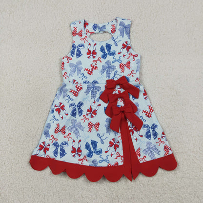 Sibling Baby Girls Red Blue Bows 4th of July Yoga Active Skirt Shorts Set Knee Length Dresses