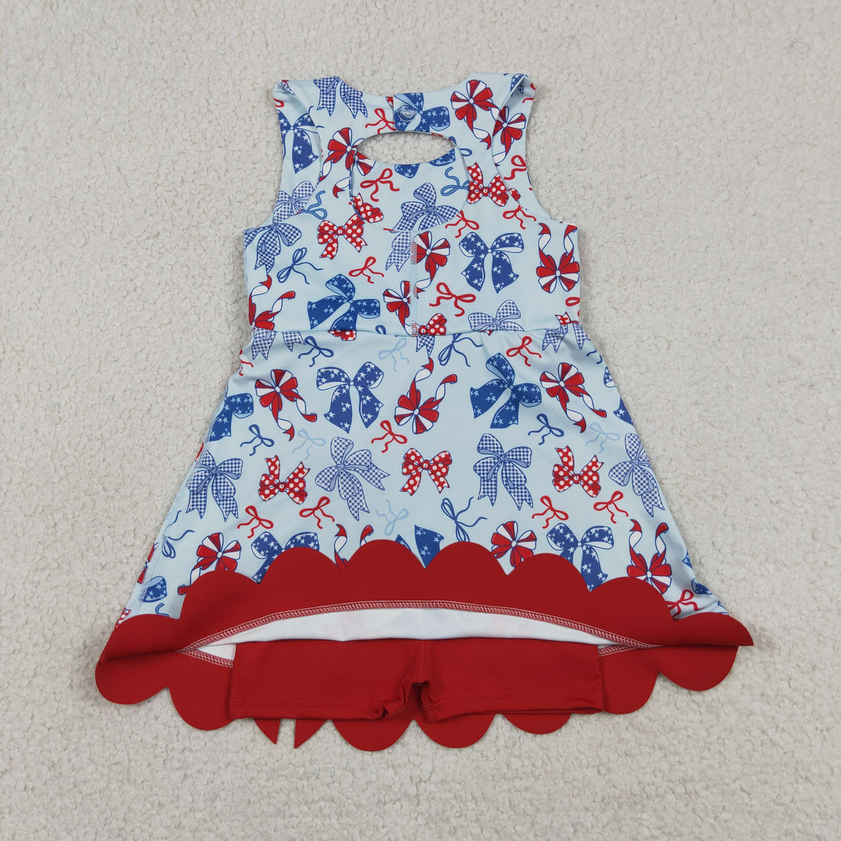 Sibling Baby Girls Red Blue Bows 4th of July Yoga Active Skirt Shorts Set Knee Length Dresses