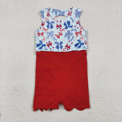 Sibling Baby Girls Red Blue Bows 4th of July Yoga Active Skirt Shorts Set Knee Length Dresses