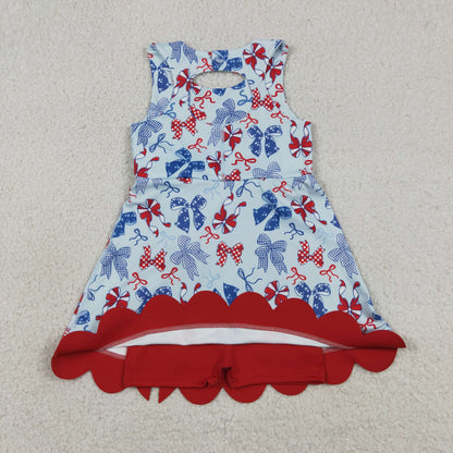 GSD3875 Baby Girls Red Blue Bows Yoga Active Short 4th of July Bows Scallop Knee Length Dress