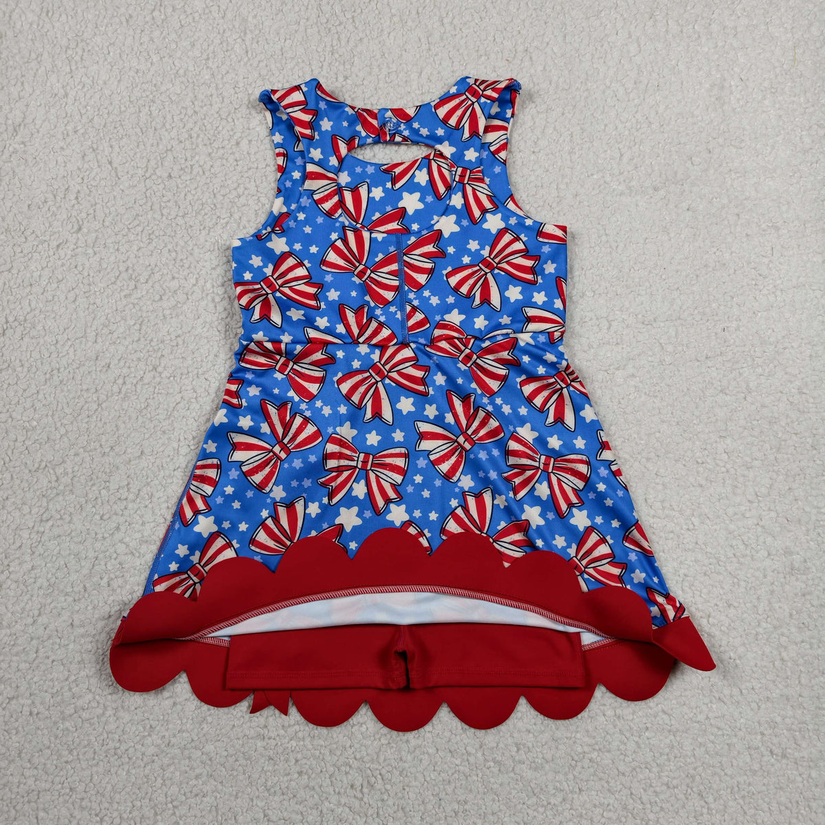 Sibling Baby Girls Bows Flags 4th of July Yoga Active Short Knee Scallop Length Dresses