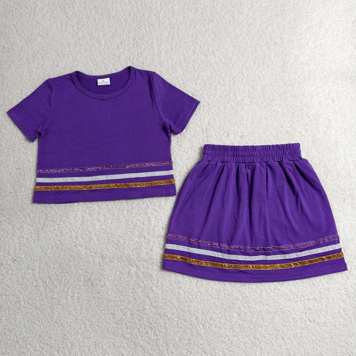 GSD3944 Baby Girls Purple Gold Grey Stripe Short Sleeve Top Skirt Short Purple Clothes Set