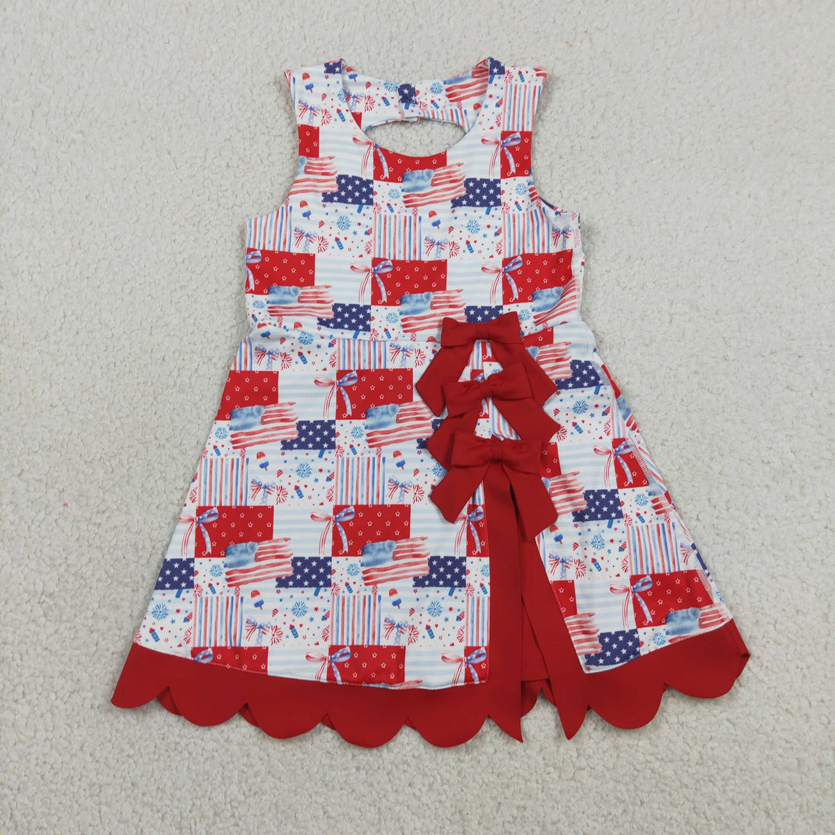 Sibling Baby Girls Bows Flags 4th of July Yoga Active Short Knee Scallop Length Dresses