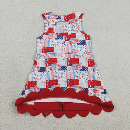 Sibling Baby Girls Flags Stars 4th of July Yoga Active Knee Length Dress Scallop Clothes Sets