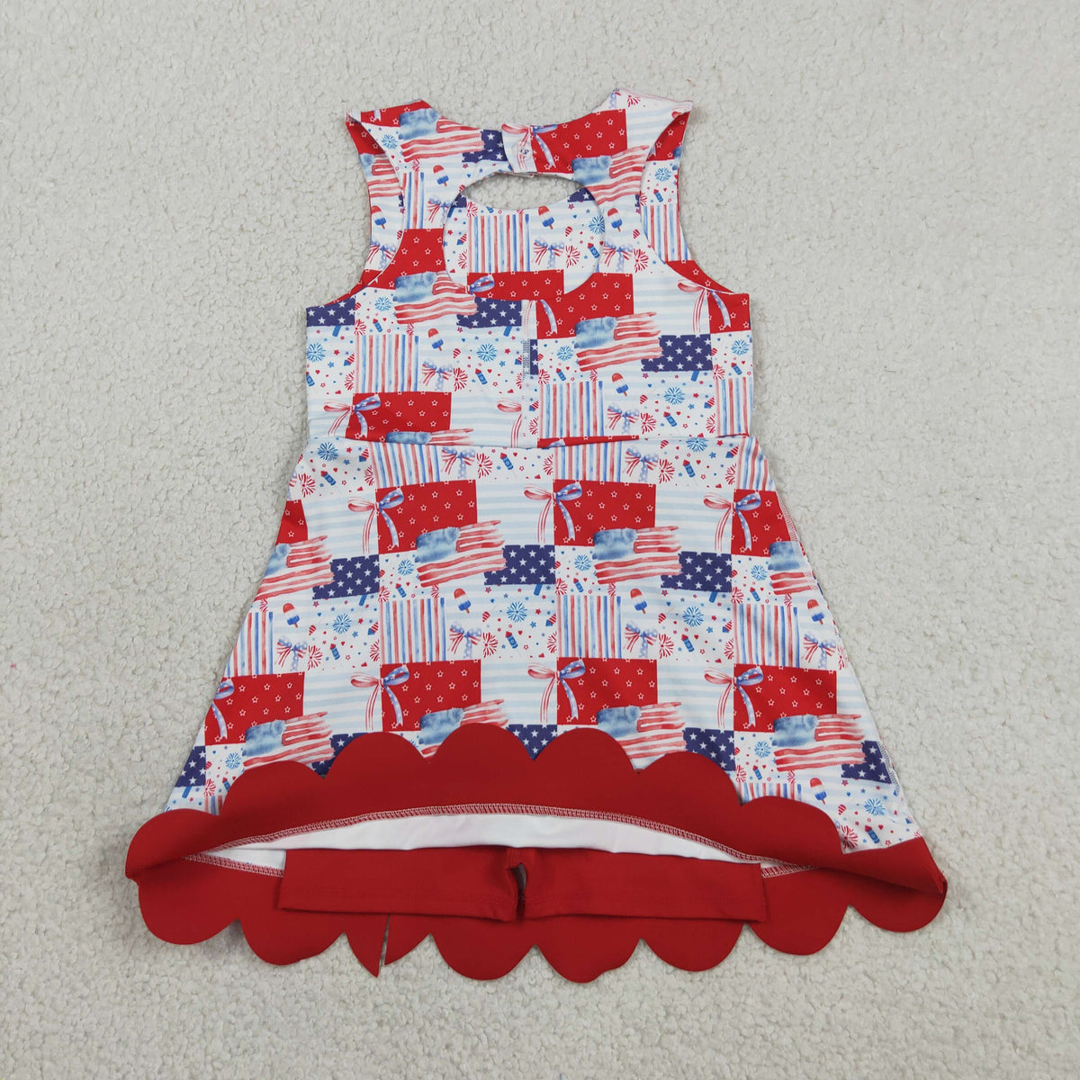 Sibling Baby Girls Bows Flags 4th of July Yoga Active Short Knee Scallop Length Dresses