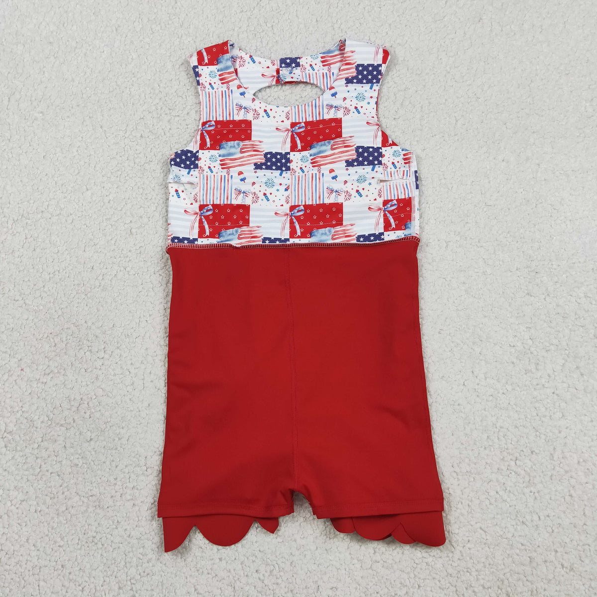 Sibling Baby Girls Bows Flags 4th of July Yoga Active Short Knee Scallop Length Dresses