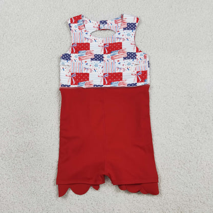 Sibling Baby Girls Bows Flags 4th of July Yoga Active Short Knee Scallop Length Dresses