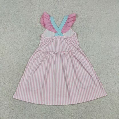 Sibling Baby Girls Pink Stripe Embroidery Bows Shells Strap Knee Length Dress Rompers