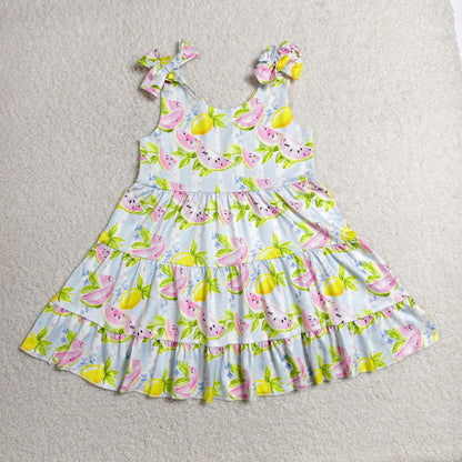 Sibling Baby Girls Lemons Watermelons Strap Ruffle Knee Length Dress Tunic Bummies Rompers