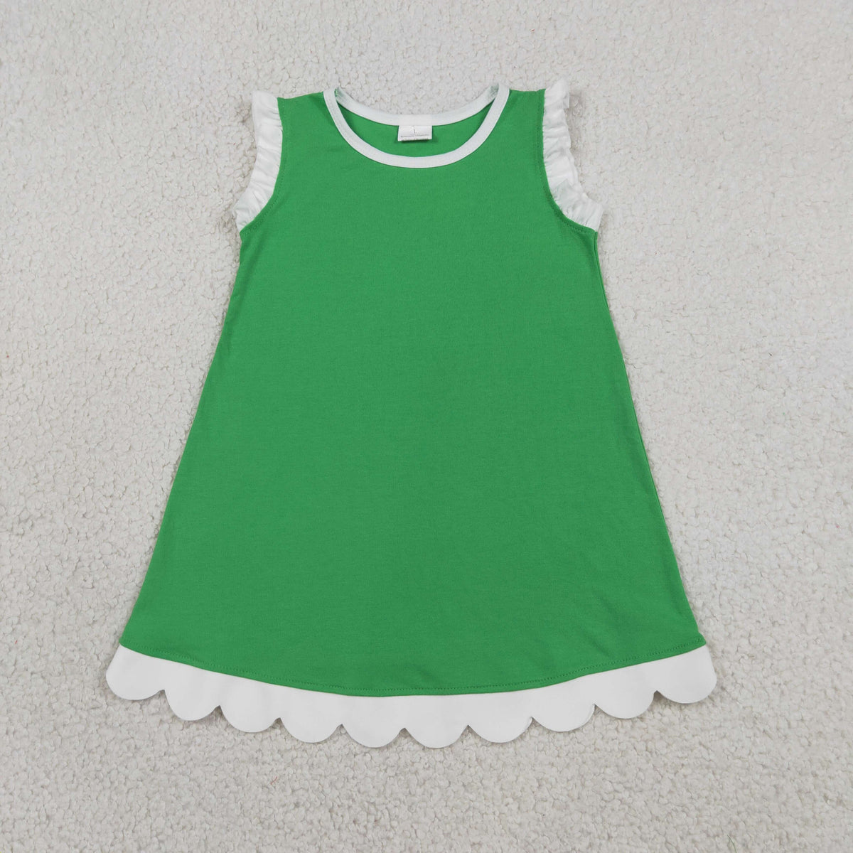 GSD4055 Baby Girls White Green Sleeveless Scallop Cotton Knee Length Dress
