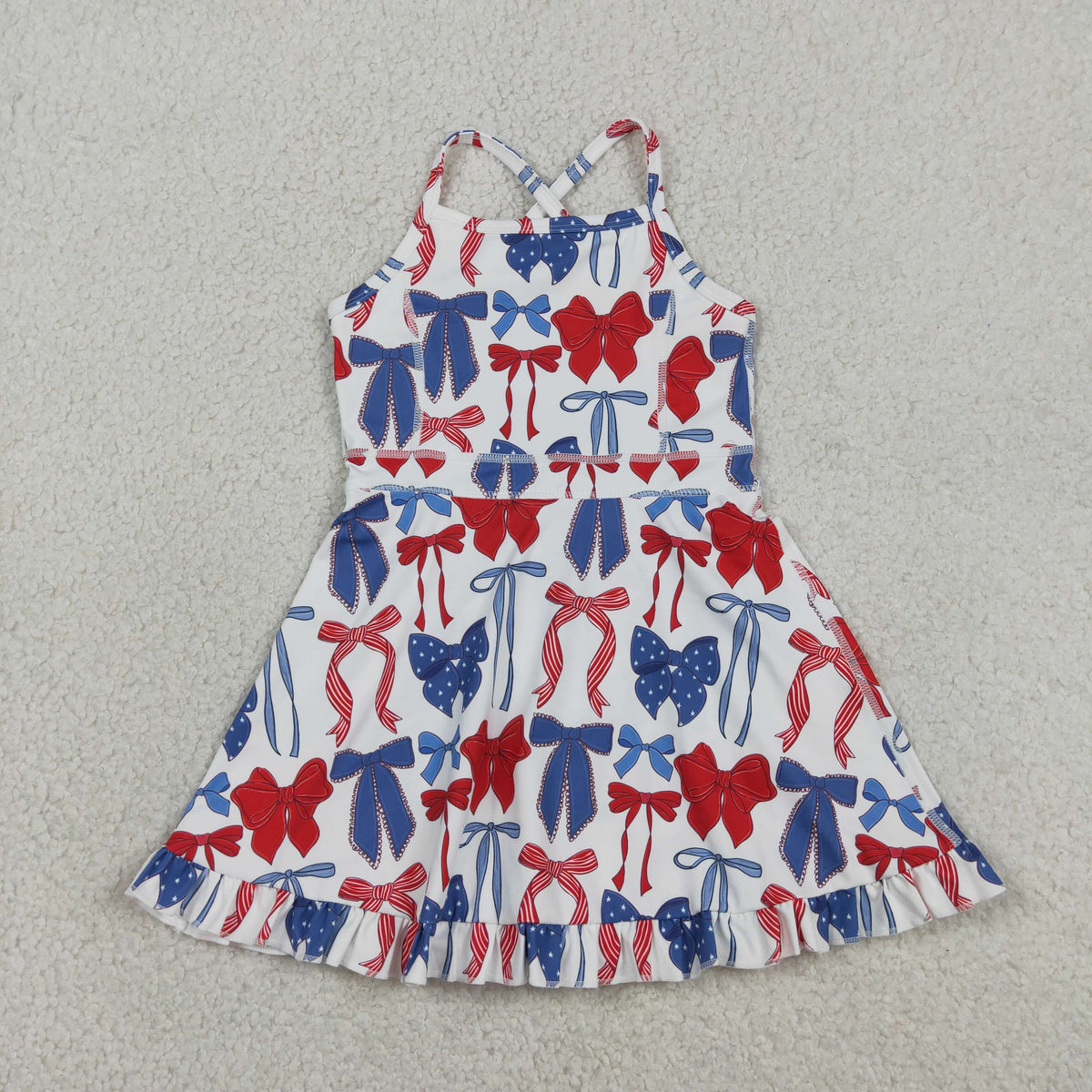GSD4064 Baby Girls Strap Blue Red Bows 4th of July Yoga Active Short Ruffle Knee Length Dress