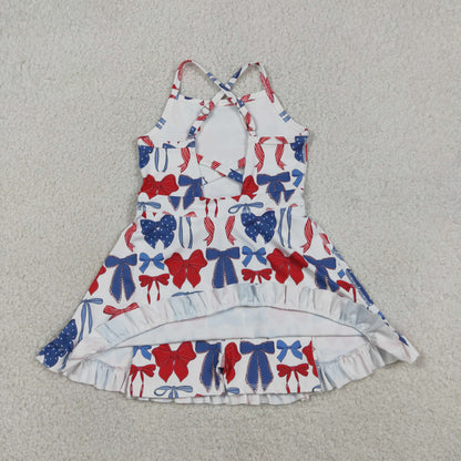 GSD4064 Baby Girls Strap Blue Red Bows 4th of July Yoga Active Short Ruffle Knee Length Dress