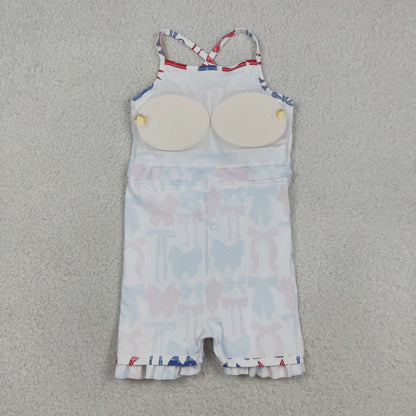 GSD4064 Baby Girls Strap Blue Red Bows 4th of July Yoga Active Short Ruffle Knee Length Dress