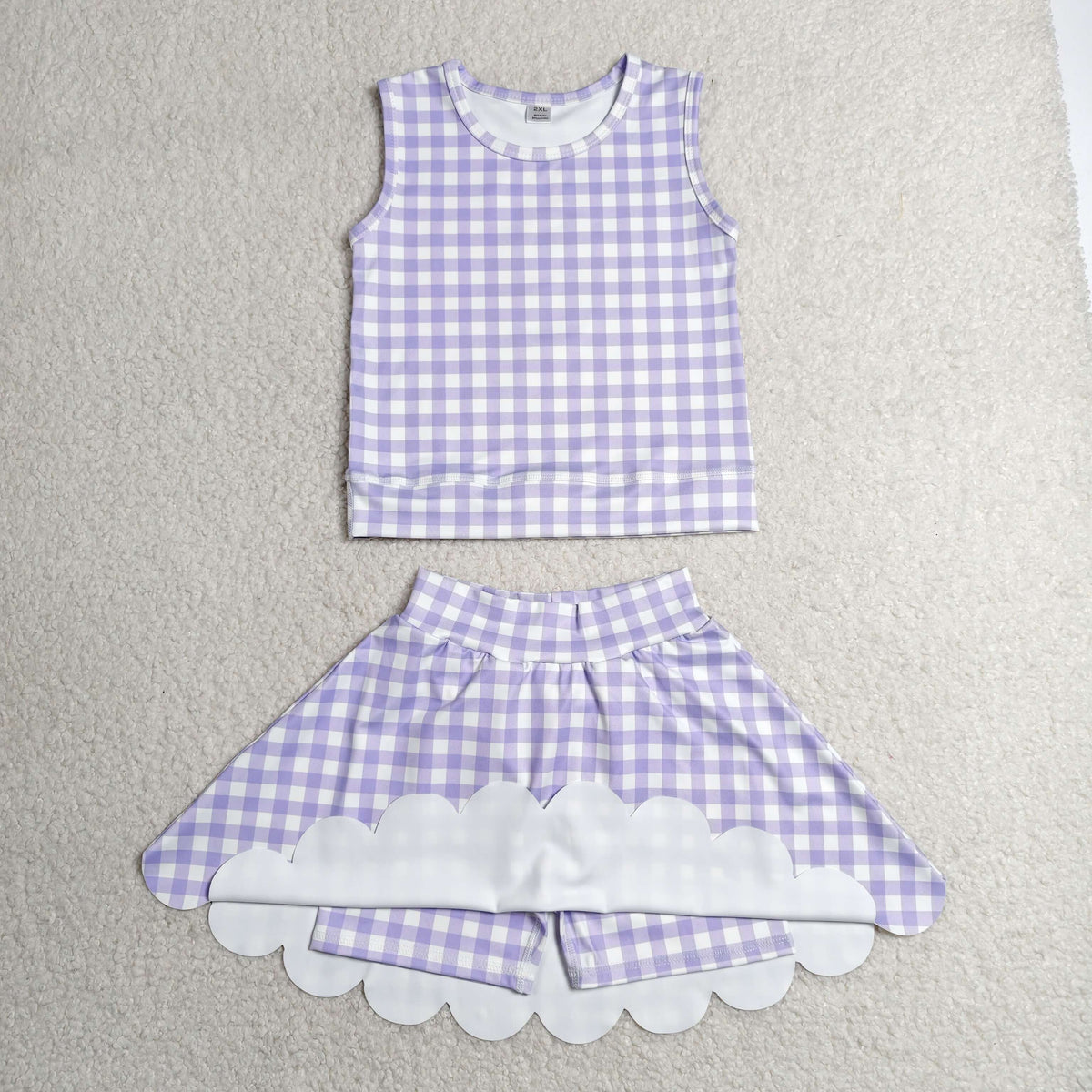 GSD4067 Baby Girls Sleeveless Lavender Checked Vests Skirt Short Yoga Active Scallop Clothes Set