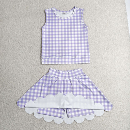GSD4067 Baby Girls Sleeveless Lavender Checked Vests Skirt Short Yoga Active Scallop Clothes Set