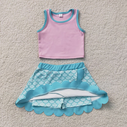 GSD4083 Baby Girls Pink Blue Shells Vests Skirt Short Yoga Active Scallop Clothes Set