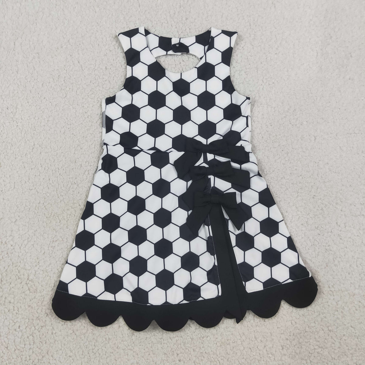 GSD4102 Baby Girls Black Football Yoga Active Short Team Bows Scallop Knee Length Dress