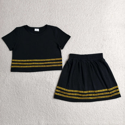GSD4108 Baby Girls Gold Stripe Short Sleeve Top Skirt Short Black Clothes Set