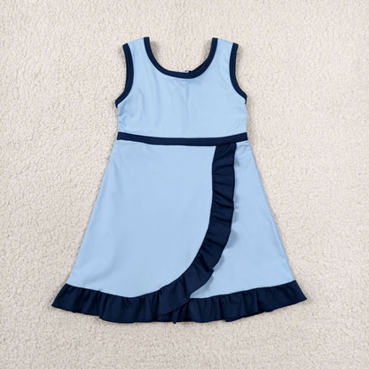 GSD4126 Baby Girls Navy Blue Back Zip Yoga Active Short Ruffle Knee Length Dress
