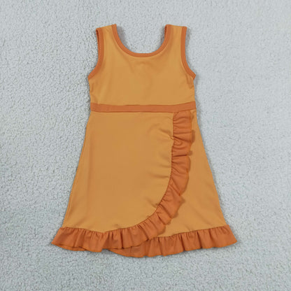 GSD4127 Baby Girls Orange Back Zip Yoga Active Short Ruffle Knee Length Dress