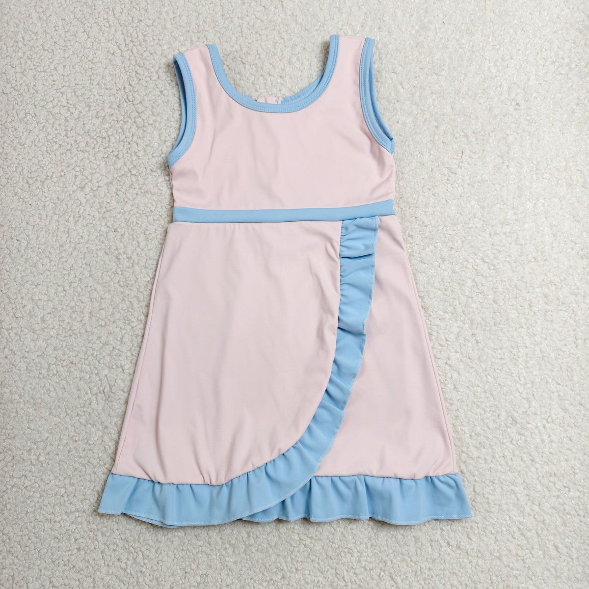 GSD4129 Baby Girls Blue Pink Back Zip Yoga Active Short Ruffle Knee Length Dress