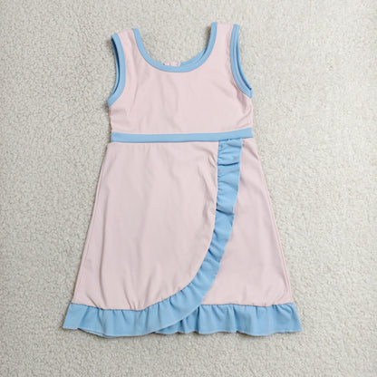 GSD4129 Baby Girls Blue Pink Back Zip Yoga Active Short Ruffle Knee Length Dress