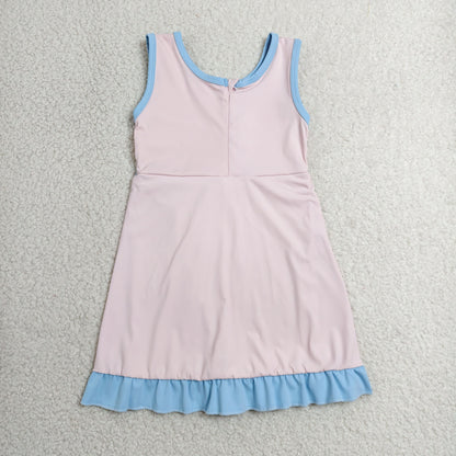 GSD4129 Baby Girls Blue Pink Back Zip Yoga Active Short Ruffle Knee Length Dress