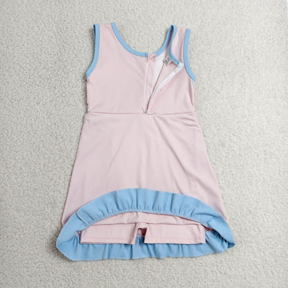 GSD4129 Baby Girls Blue Pink Back Zip Yoga Active Short Ruffle Knee Length Dress