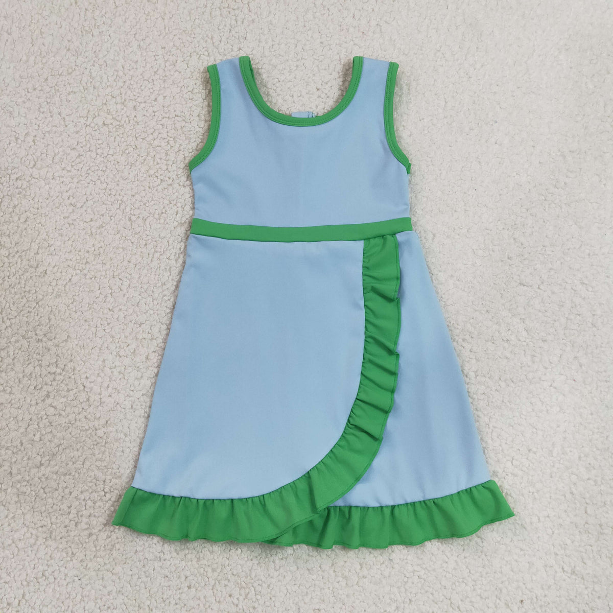 GSD4136 Baby Girls Blue Green Back Zip Yoga Active Short Ruffle Knee Length Dress