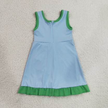GSD4136 Baby Girls Blue Green Back Zip Yoga Active Short Ruffle Knee Length Dress