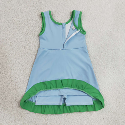 GSD4136 Baby Girls Blue Green Back Zip Yoga Active Short Ruffle Knee Length Dress
