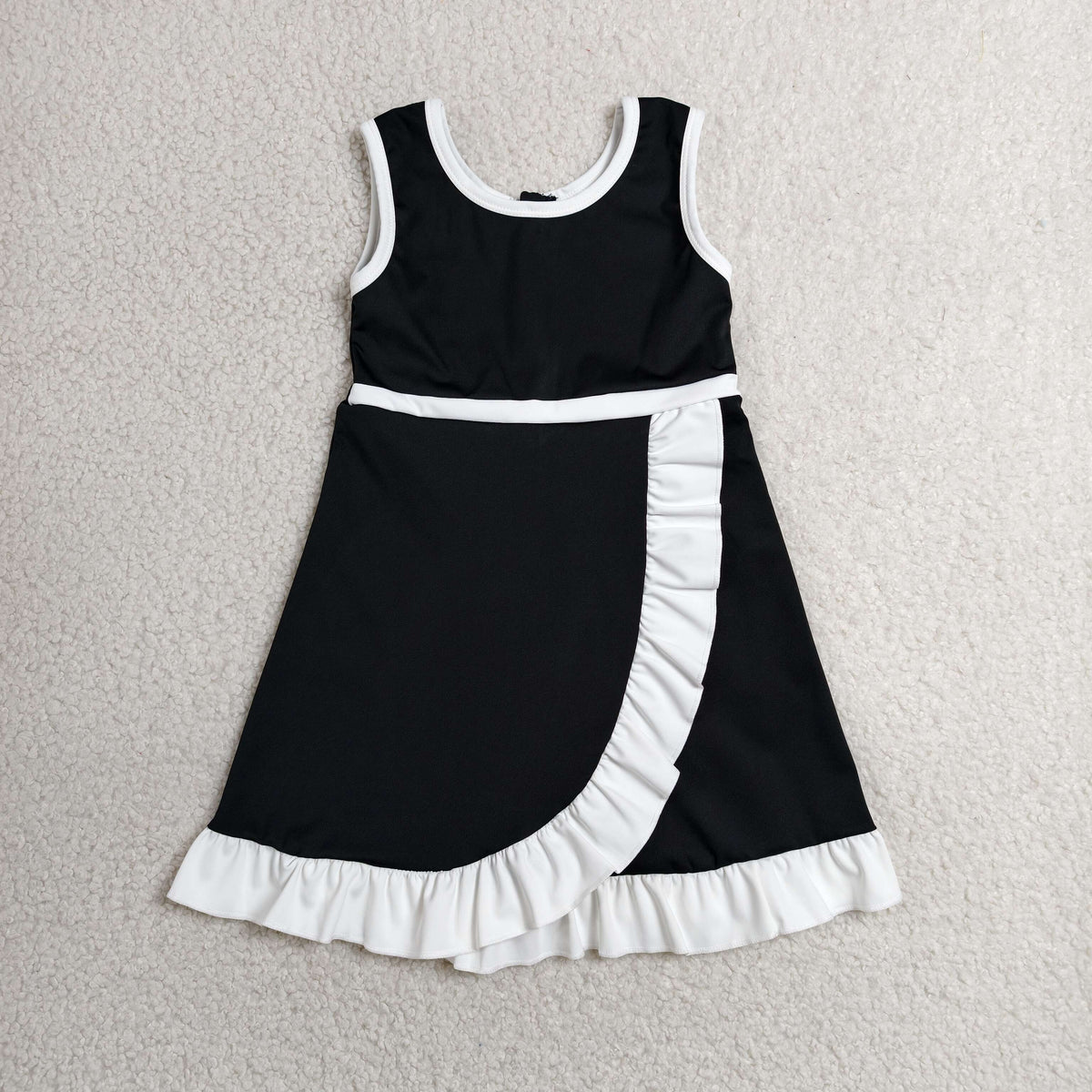 GSD4140 Baby Girls Black White Back Zip Yoga Active Short Ruffle Knee Length Dress