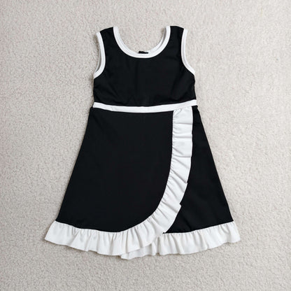 GSD4140 Baby Girls Black White Back Zip Yoga Active Short Ruffle Knee Length Dress