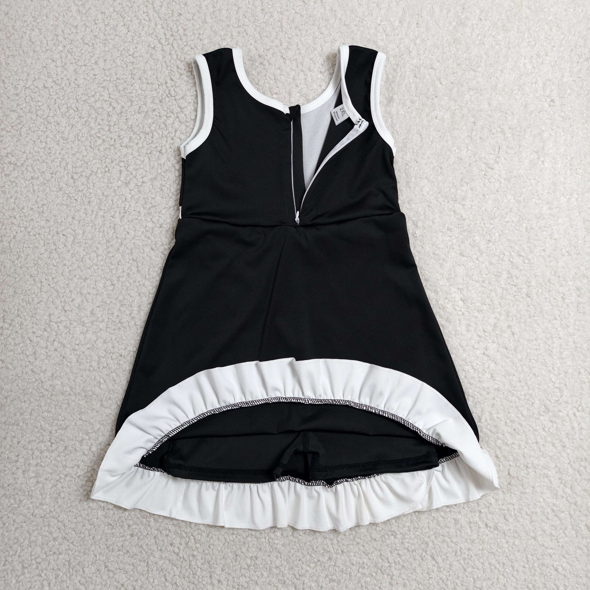 GSD4140 Baby Girls Black White Back Zip Yoga Active Short Ruffle Knee Length Dress