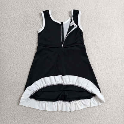 GSD4140 Baby Girls Black White Back Zip Yoga Active Short Ruffle Knee Length Dress